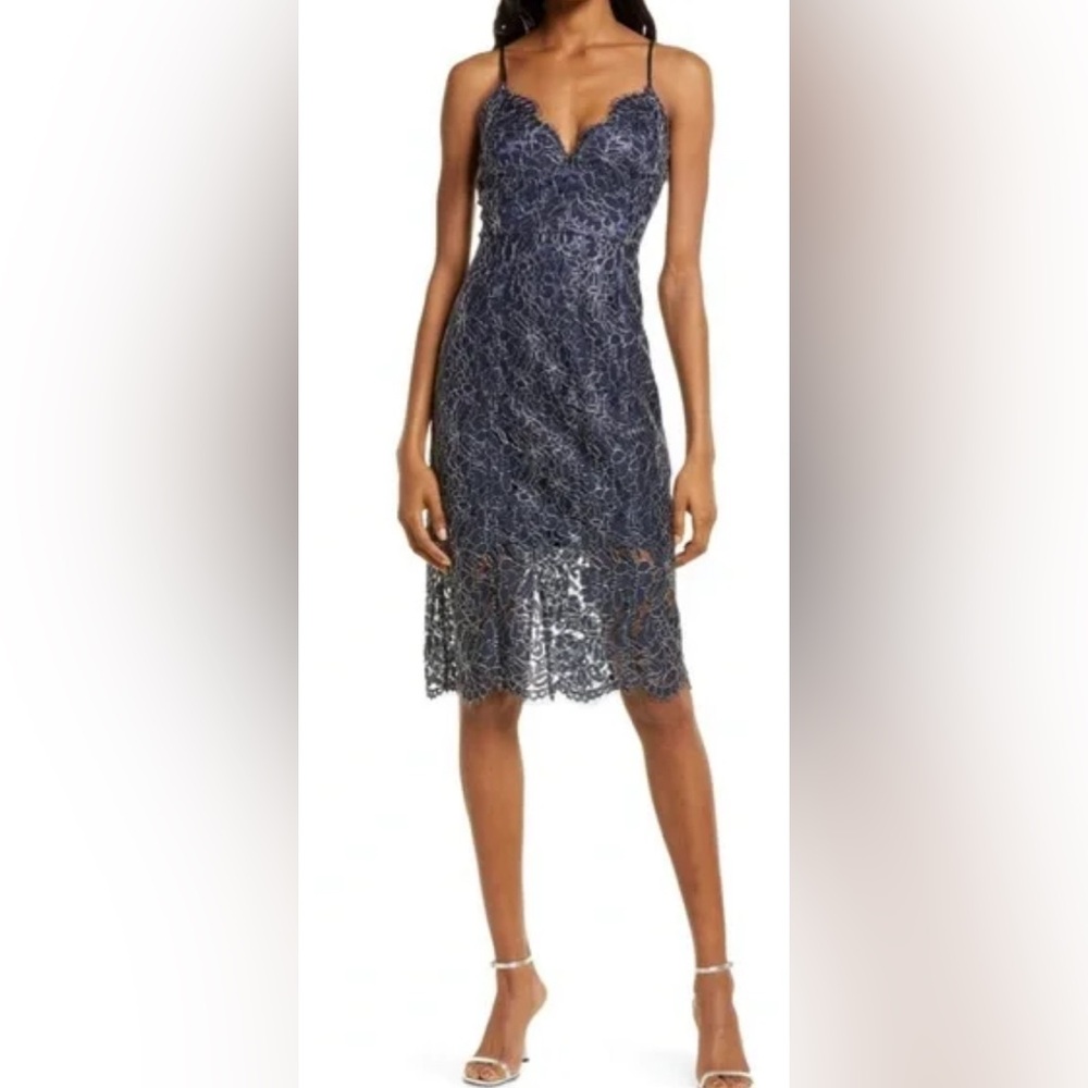 NWT Koko + Mason Lace Dreams Elegant Midi Dress in Navy Blue‎ and Silver - S